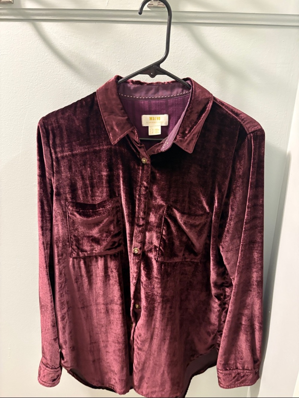 Maeve Velvet Button-Down Shirt in Deep Wine